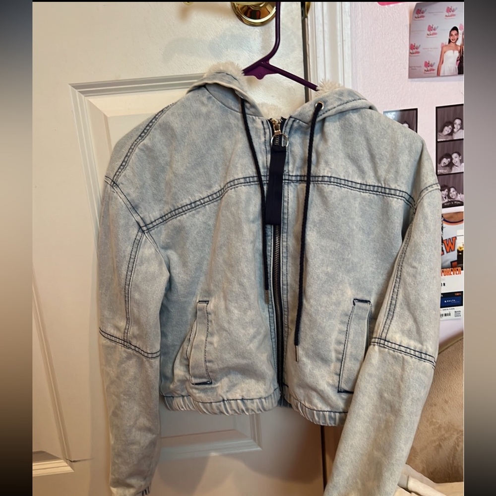 Ashely vintage charm womens denim zip up jacket with fur on inside
